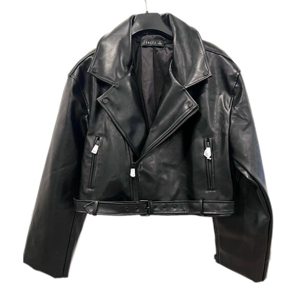 Lioness Faux Leather Jacket Staten Island Cropped Biker Jacket Size XL Black New - Picture 1 of 14
